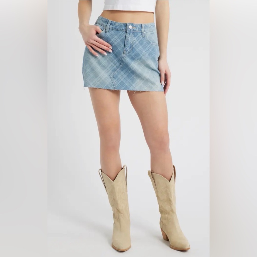 New PTCL Ethikal Brand Xyla Plaid Denim Mini Skirt Raw Hem XL